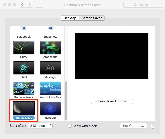 Mac OSX screensaver selection